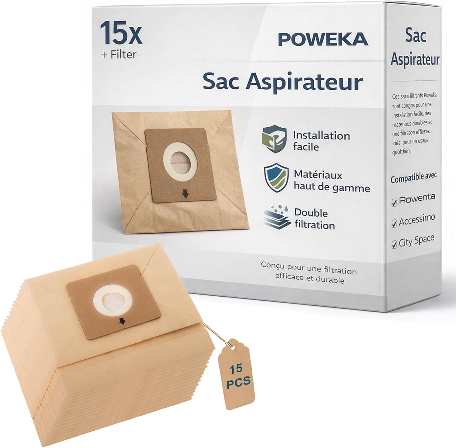15 Sacs Pour Aspirateur, Compatibles Avec Les Aspirateurs Rowenta Zr003901, Moulinex City Space, Moulinex Mini Space Et Accessimo