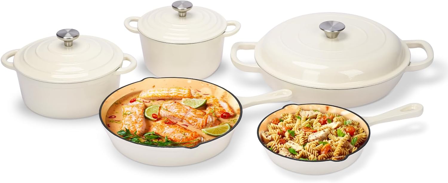 Batterie De Cuisine En Fonte Émaillée – Ensemble De 8 Pièces Comprenant Des Casseroles Et Poêles Antiadhésives Avec Couvercles, Une Cocotte, Une Poêle À Frire Et Une Casserole Pour Tous Types De Plaqu