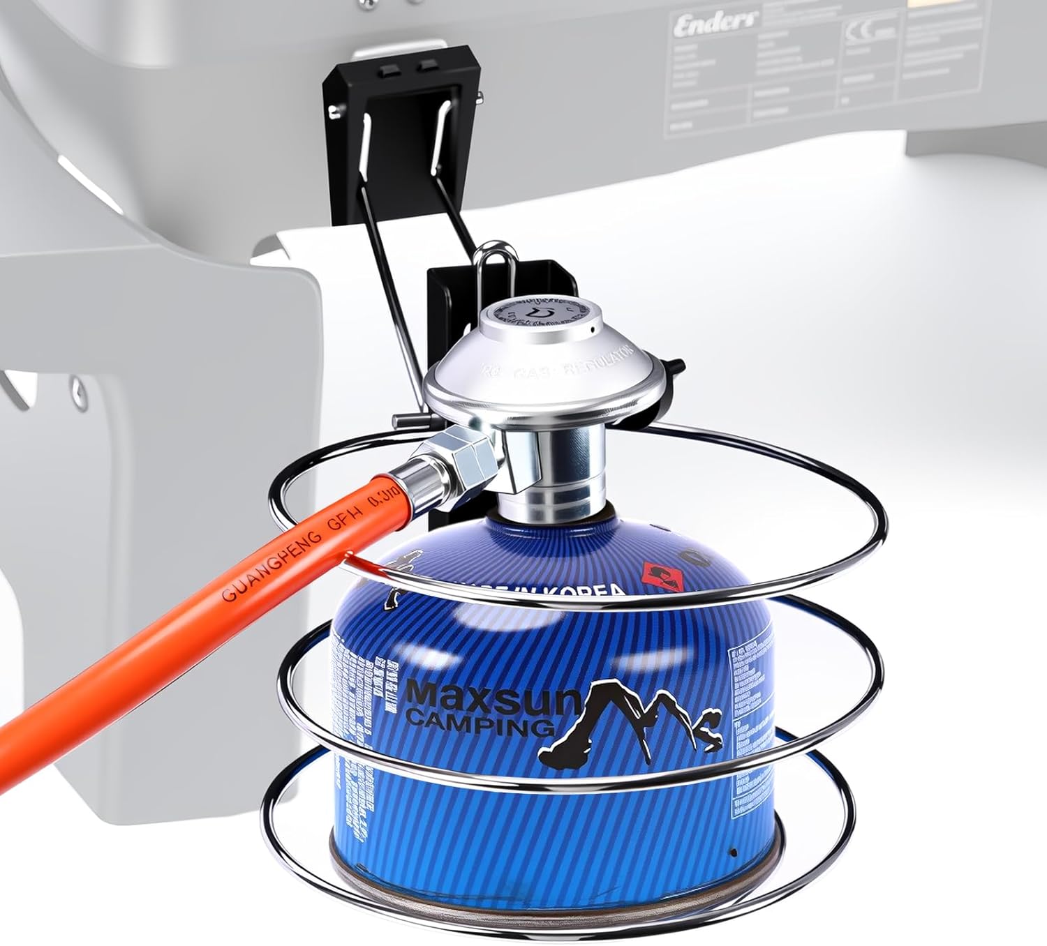 Kit Porte-cartouche Pour Enders Urban Ii Et Explorer Ii, Comprenant Un Porte-cartouche Avec Tuyau De Gaz Et Régulateur De Gaz 50 Mbar, Un Adaptateur De Cartouche À Visser Et Des Accessoires.