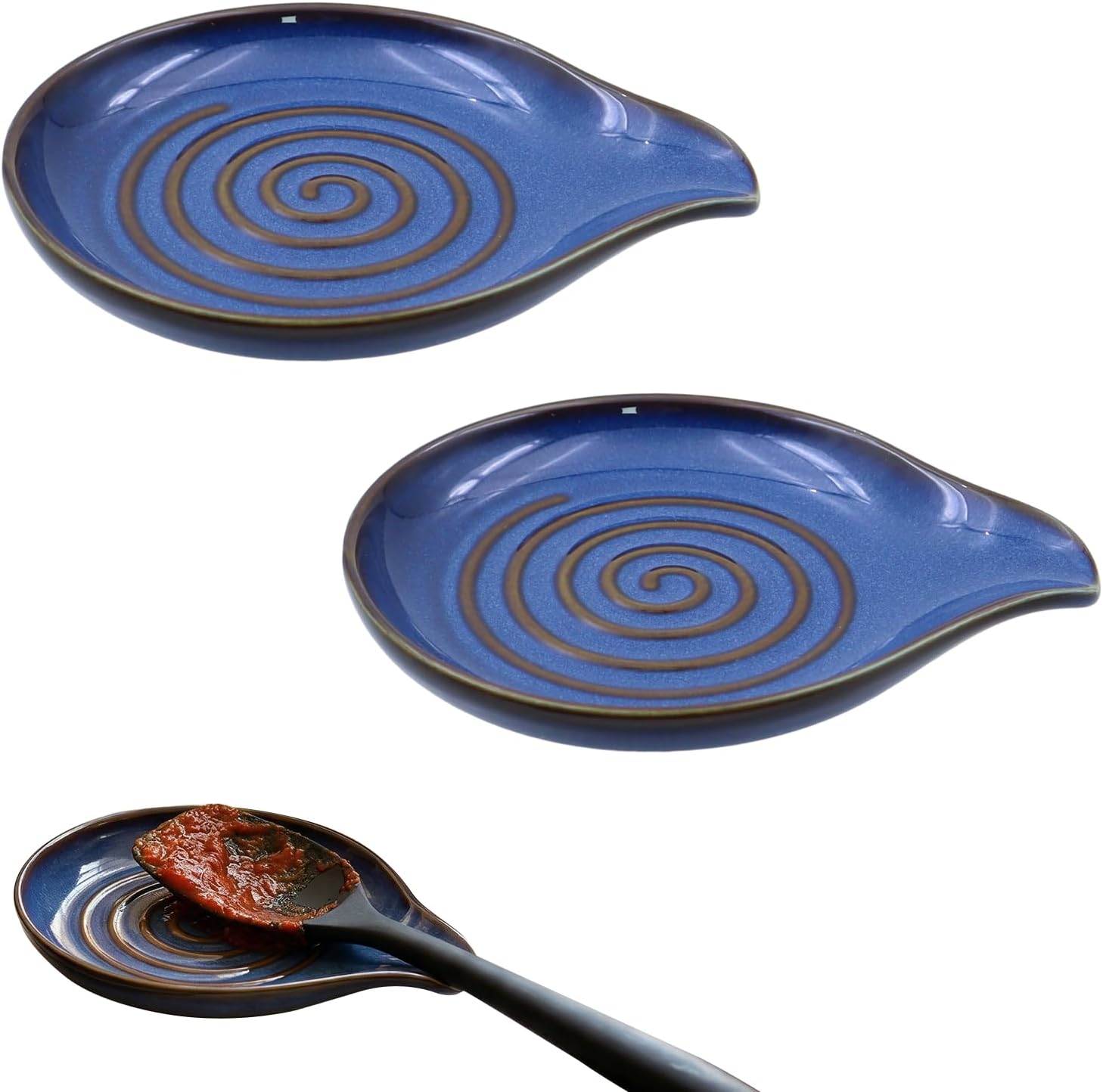 Support À Cuillère En Céramique De 2 Pièces, Support À Cuillère De Cuisine Avec Motif En Spirale Naturel, Support À Cuillère De Cuisine Bleu Pour Spatules Et Cuillères, Lavable Au Lave-vaisselle