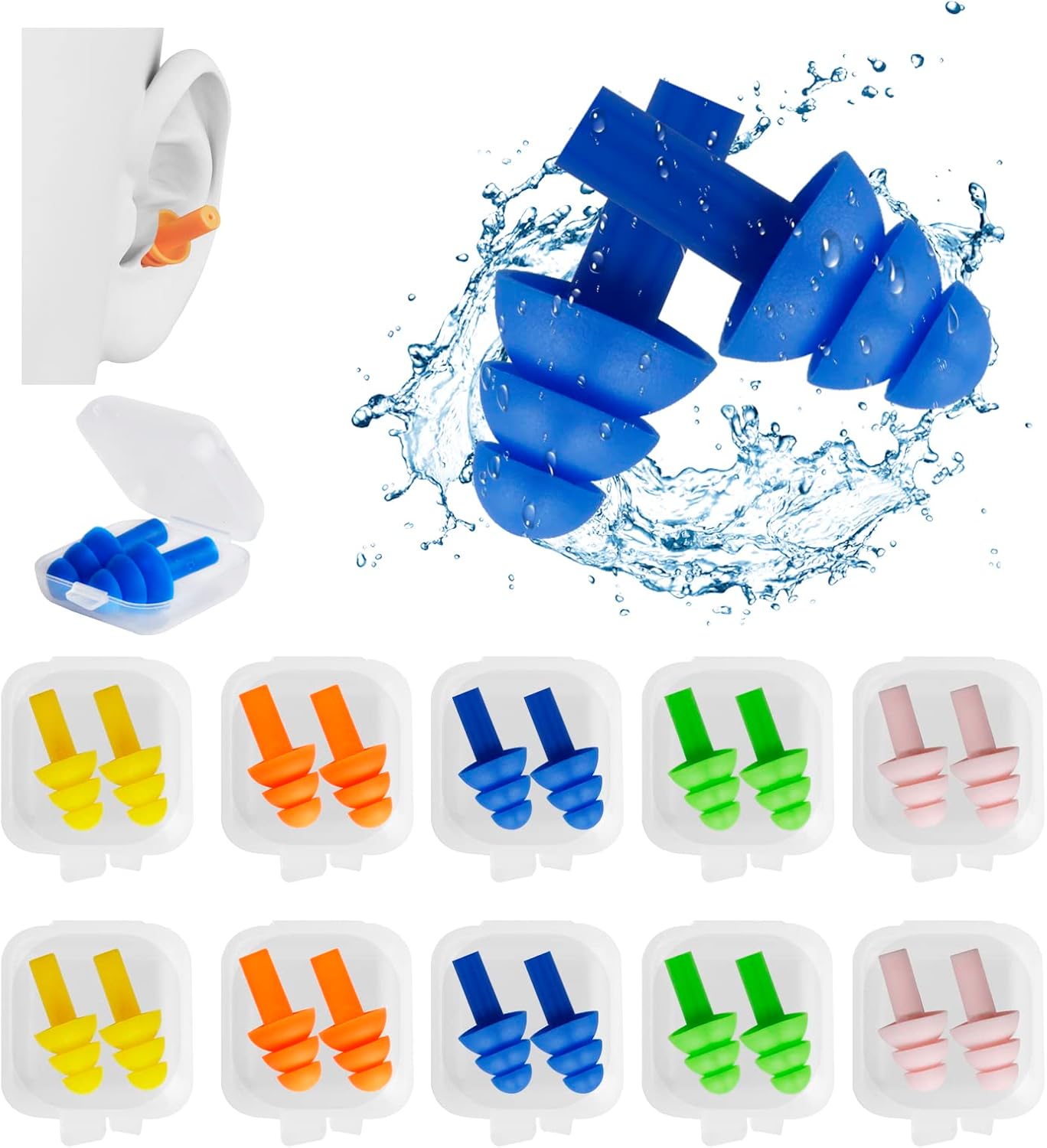 Paquet De 10 Bouchons D'Oreilles Flottants Pour Enfants Et Adultes – Étanches (20 Pièces) – 5 Couleurs – En Silicone Doux – Réutilisables – Atténuateurs De Bruit
