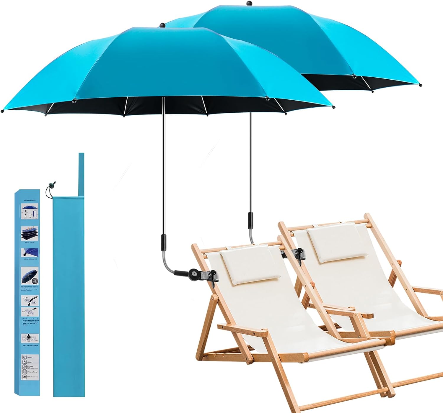 Lot De 2 Parasols De Plage Avec Pince Universelle, Protection Upf 50+, Orientables À 360°, Parasols Portables Pour Chaises De Camping, Fauteuils Roulants, Chaises De Jardin, Voiturettes De Golf Et Bal