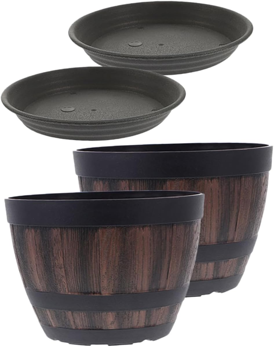 Ensemble De 2 Pots De Fleurs En Plastique En Forme De Tonneau Avec Soucoupes, Style Rétro, Pour Plantes Et Légumes