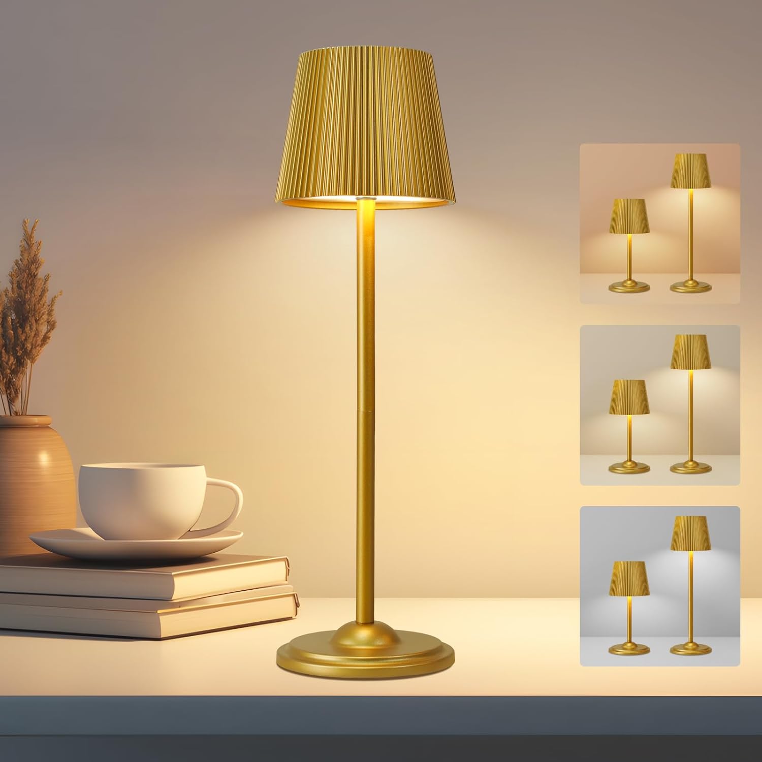 Lampe De Table Led Sans Fil Dorée, Dimmable Par Toucher Avec 3 Températures De Couleur, Rechargeable Par Usb-c, Amovible Et Portable, Design Ondulé, Pour Chambre, Salon, Bureau, Intérieur Et Extérieur