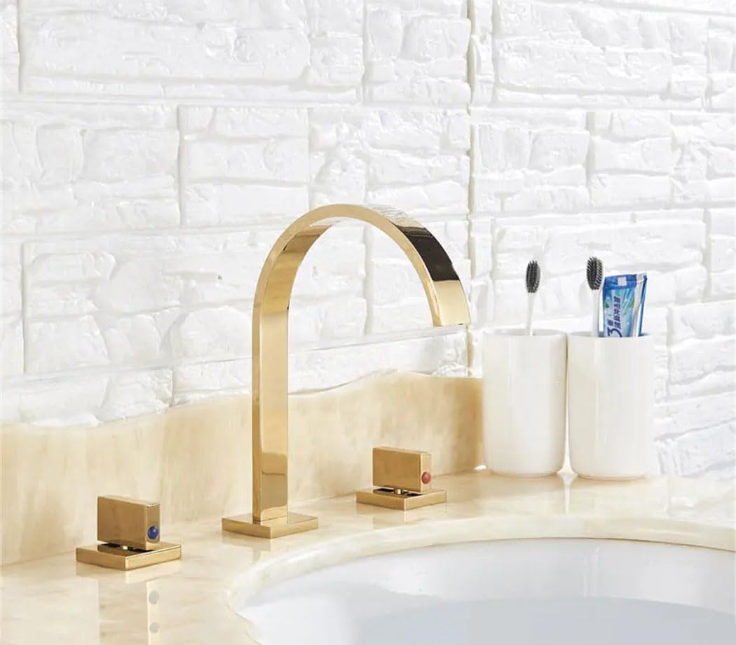 Robinet De Lavabo Doré, Robinet D'Eau Chaude Et Froide, Mélangeur À Deux Poignées À Trois Trous, Robinet De Baignoire À Monter Sur Le Rebord De La Baignoire