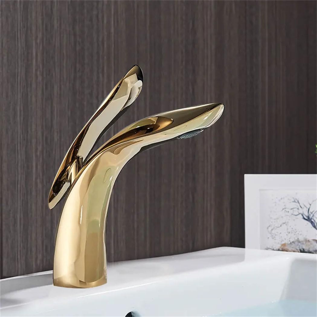 Robinet De Lavabo Poli, Chromé Blanc Avec Aspect Doré, Robinet De Lavabo À Levier Unique, Robinet De Lavabo À Un Trou, Crane