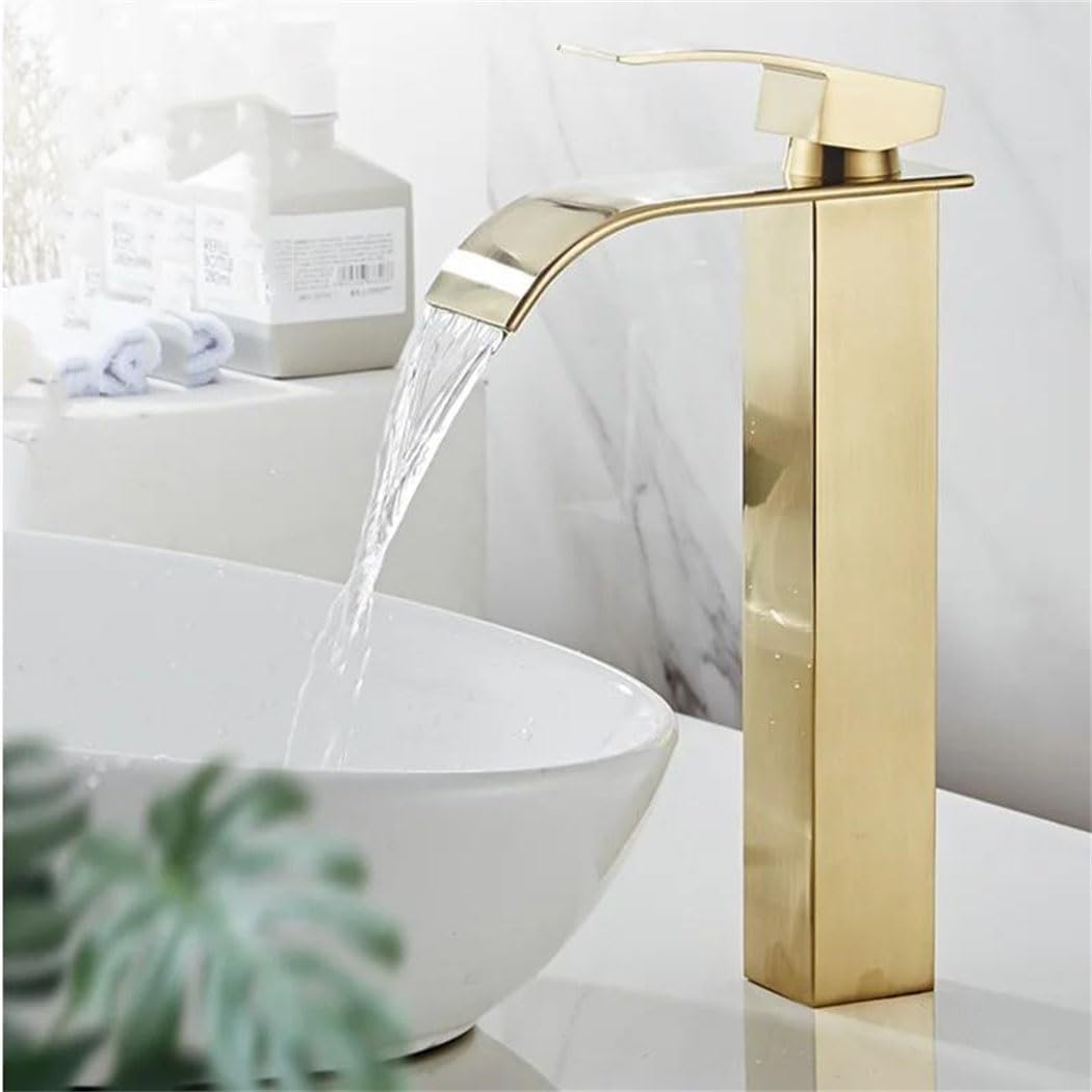 Robinet De Lavabo En Or Brossé, Grand Robinet De Lavabo Cascade Pour Lavabo Surélevé, Robinet À Levier Unique