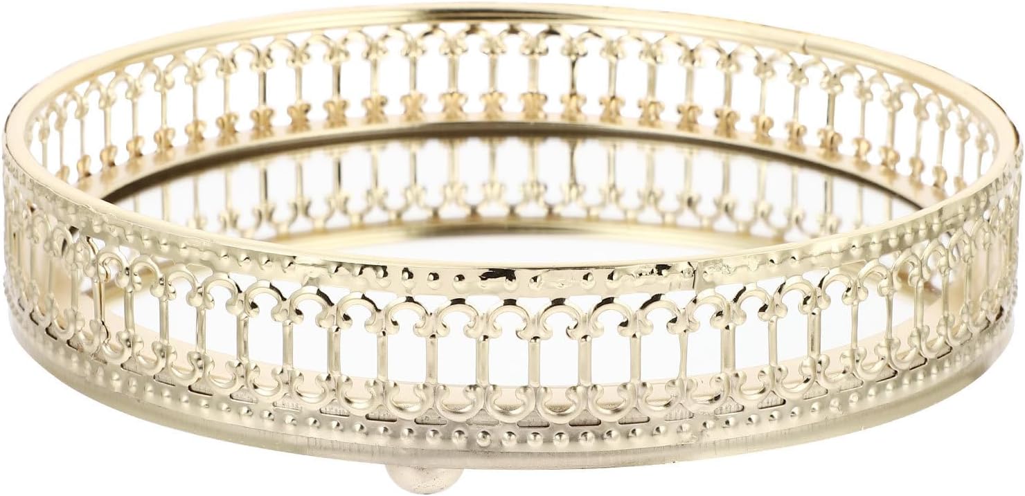 Plateau En Métal Doré À Effet Miroir Et Ajouré, Idéal Pour Ranger Maquillage Et Bijoux. Élégant Plateau En Verre. Convient Pour La Chambre Ou La Salle De Bain.