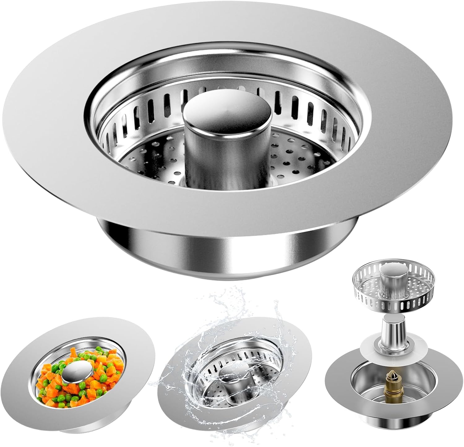 Évacuation De Lavabo De Cuisine 3-en-1 Avec Filtre – Acier Inoxydable – Pour Éviers De Cuisine – Diamètre Du Trou 75–87 Mm – Profondeur 37 Mm