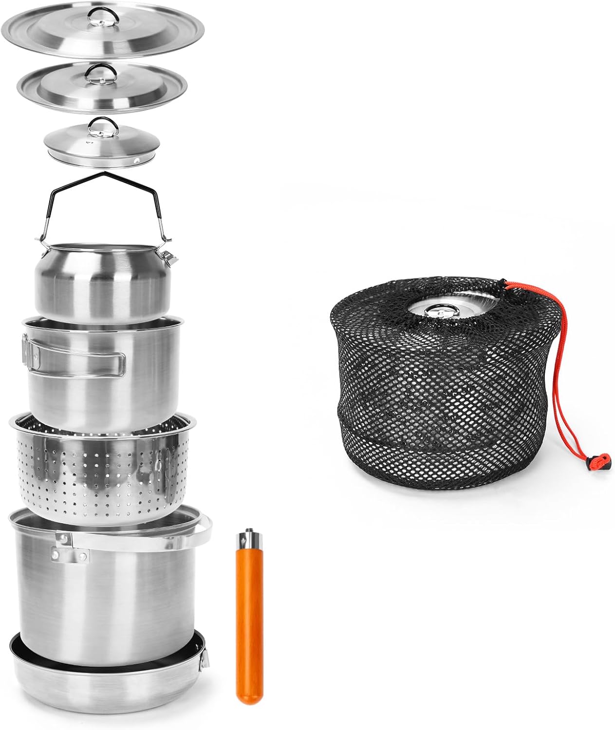 Ensemble De 5 Ustensiles De Cuisine De Camping En Acier Inoxydable, Comprenant Casserole Et Poêles.