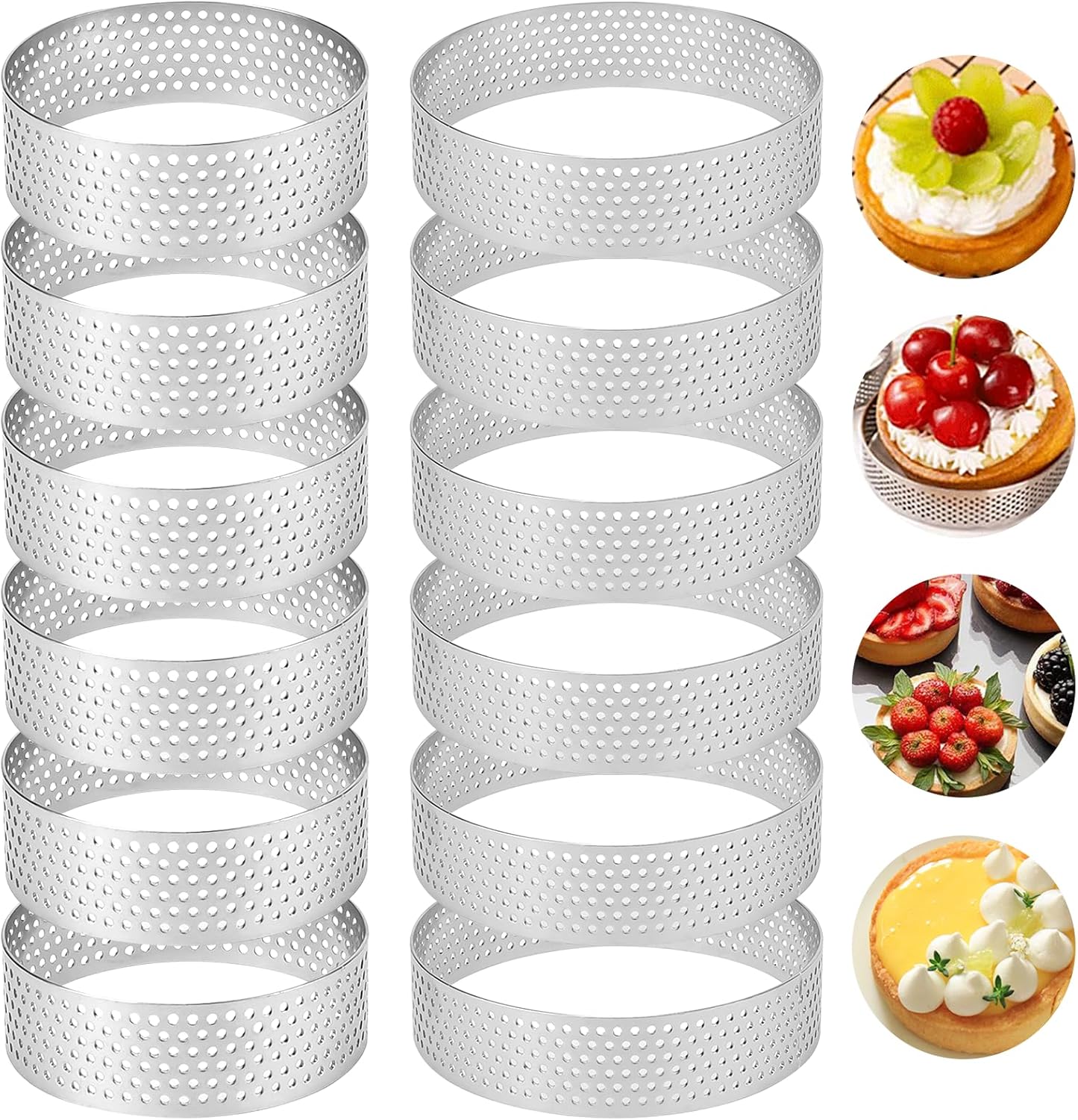 Set De 12 Cercles À Tarte Perforés, 8 Cm X 5 Cm, Mini Cercles À Pâtisserie En Acier Inoxydable 430, Perforés Pour Gâteaux, Tartelettes, Pâtisseries, Muffins, Mini-pizzas Et Quiches