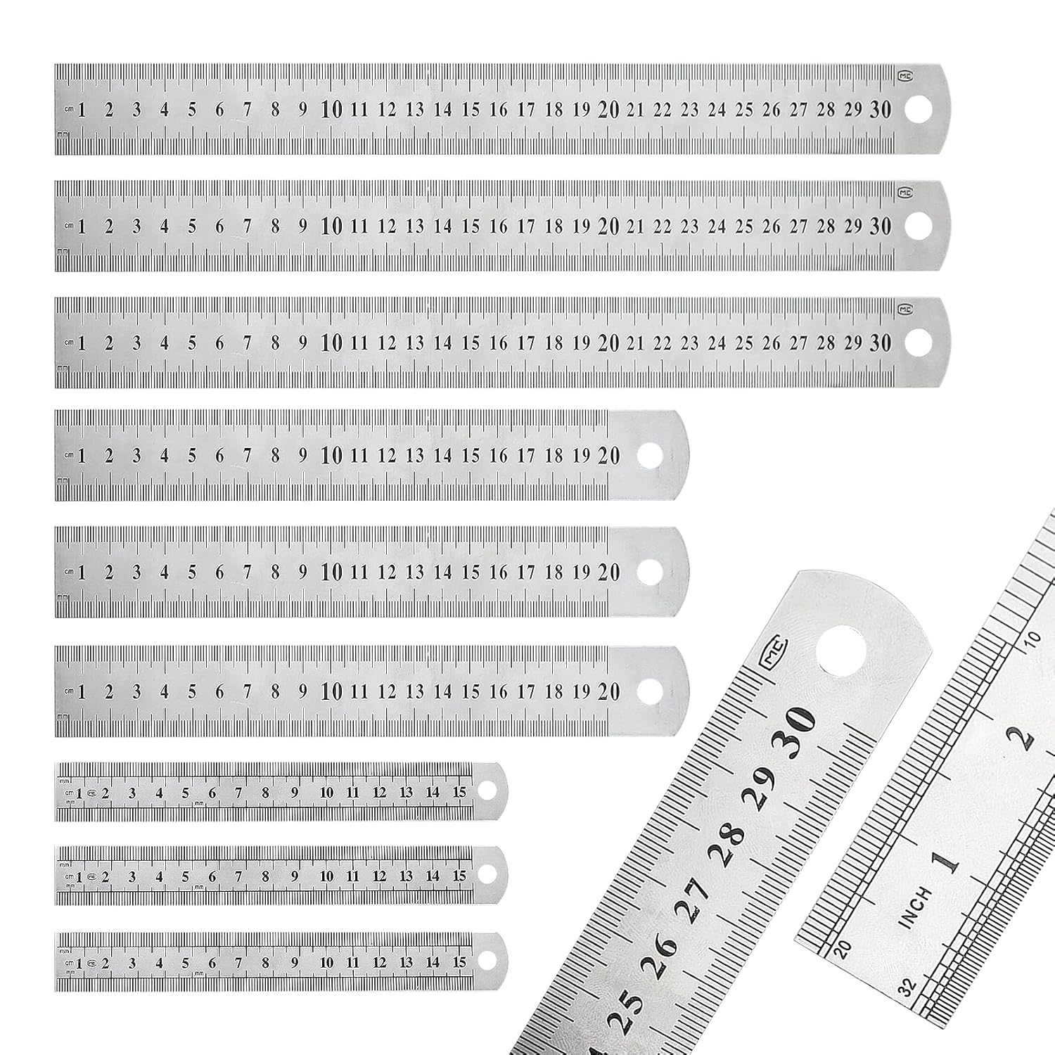 Ensemble De 9 Règles Métalliques, 30 Cm, 20 Cm, 15 Cm, En Acier Inoxydable, Droites, Métriques Et Impériales, Double Face, Pour Bureau, Dessin, Ingénierie Et Enseignement