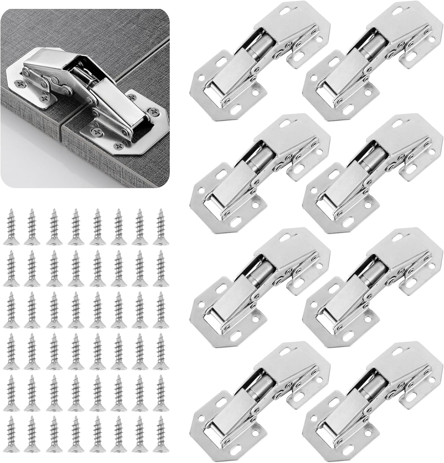 Ensemble De 8 Charnières Pour Armoires De Cuisine, De Chambre, De Salle De Bain Et De Salle À Manger Charnières Hydrauliques Avec Fonction De Fermeture Douce (48 Vis)