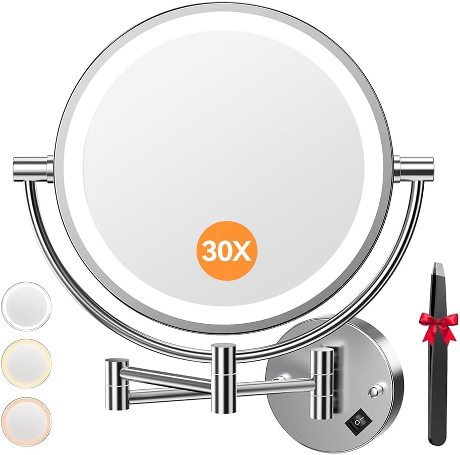 Miroir De Maquillage Agrandi De 8 Pouces Avec Éclairage (30x), 3 Couleurs, Grossissement 1x Et 30x, Rechargeable Avec Prise Eu, Écran Tactile, Pivotant À 360° Et Extensible Pour La Salle De Bain