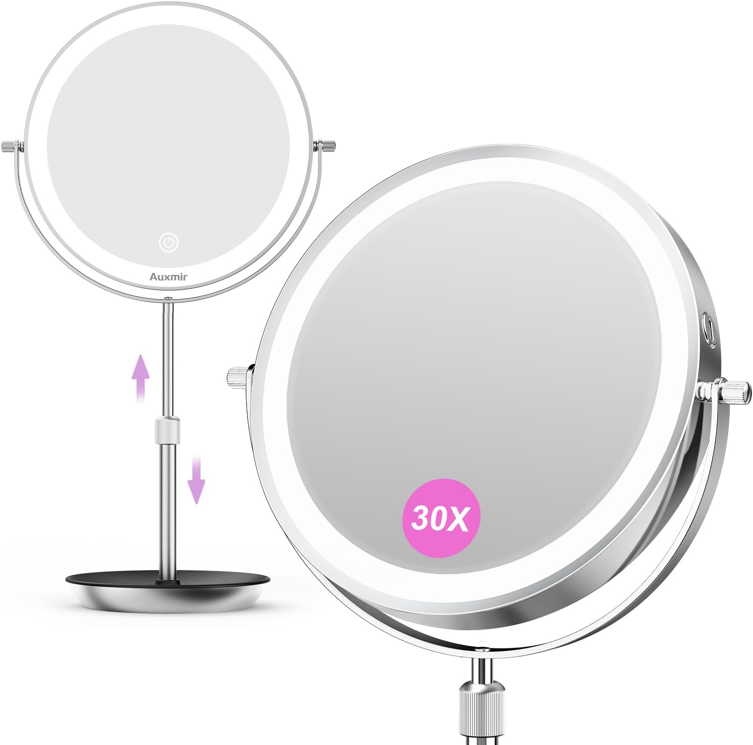 Miroir De Maquillage Éclairé De 9 Pouces, Double Face 1x/30x, Miroir De Maquillage Réglable En Hauteur (38–47 Cm), Batterie De 3000 Mah Avec Fonction De Chargement Usb, Miroir De Table Avec 3 Couleurs