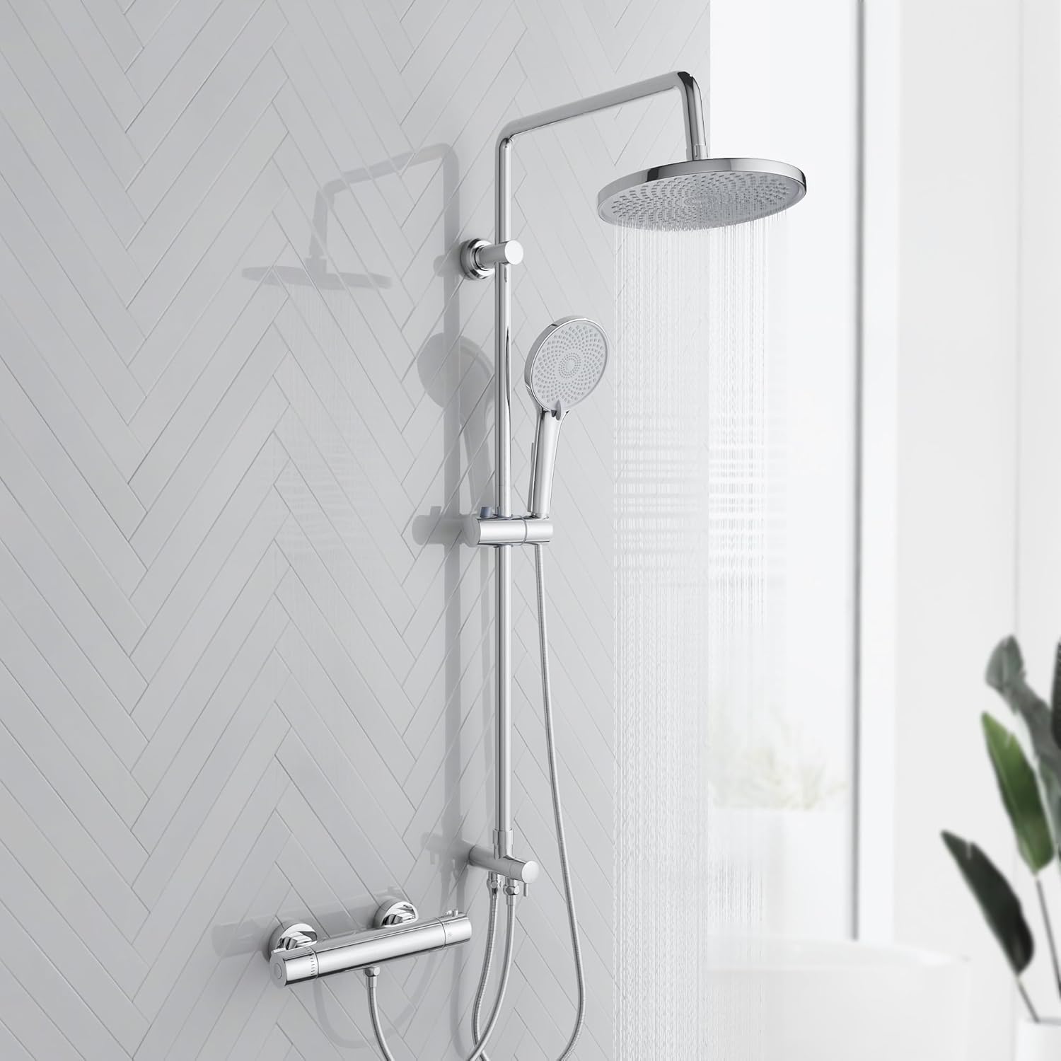 Colonne De Douche Avec Mélangeur Thermostatique, Système De Douche Avec Thermostat, Douche Pluie Ronde Et Douchette, Hauteur 95 Cm, Chrome