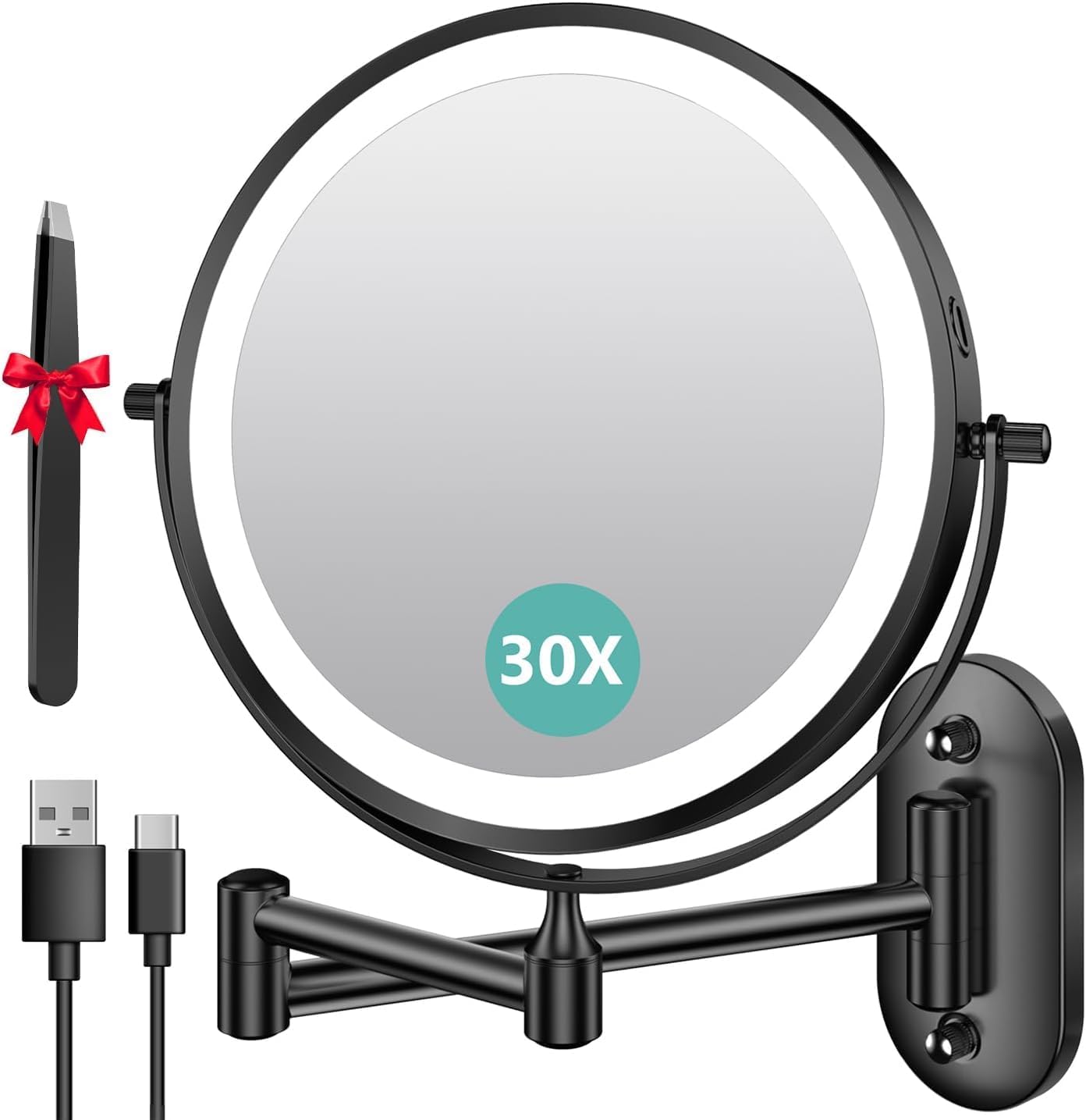 Miroir De Maquillage Mural Avec Grossissement (1x/30x), Batterie De 3200 Mah, 3 Modes De Couleur, Bouton Tactile Des Deux Côtés, Miroir Grossissant Éclairé Pivotant À 360° Et Extensible, Pour Salle De