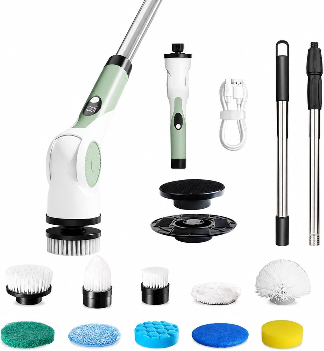 Brosse De Nettoyage Électrique 10 En 1 Avec Manche Extensible, Batterie 2000 Mah, Port Usb-c, Étanchéité Ipx7, 3 Vitesses, Brosse Électrique Pour Joints De Douche, Carrelage, Sols Et Cuisine