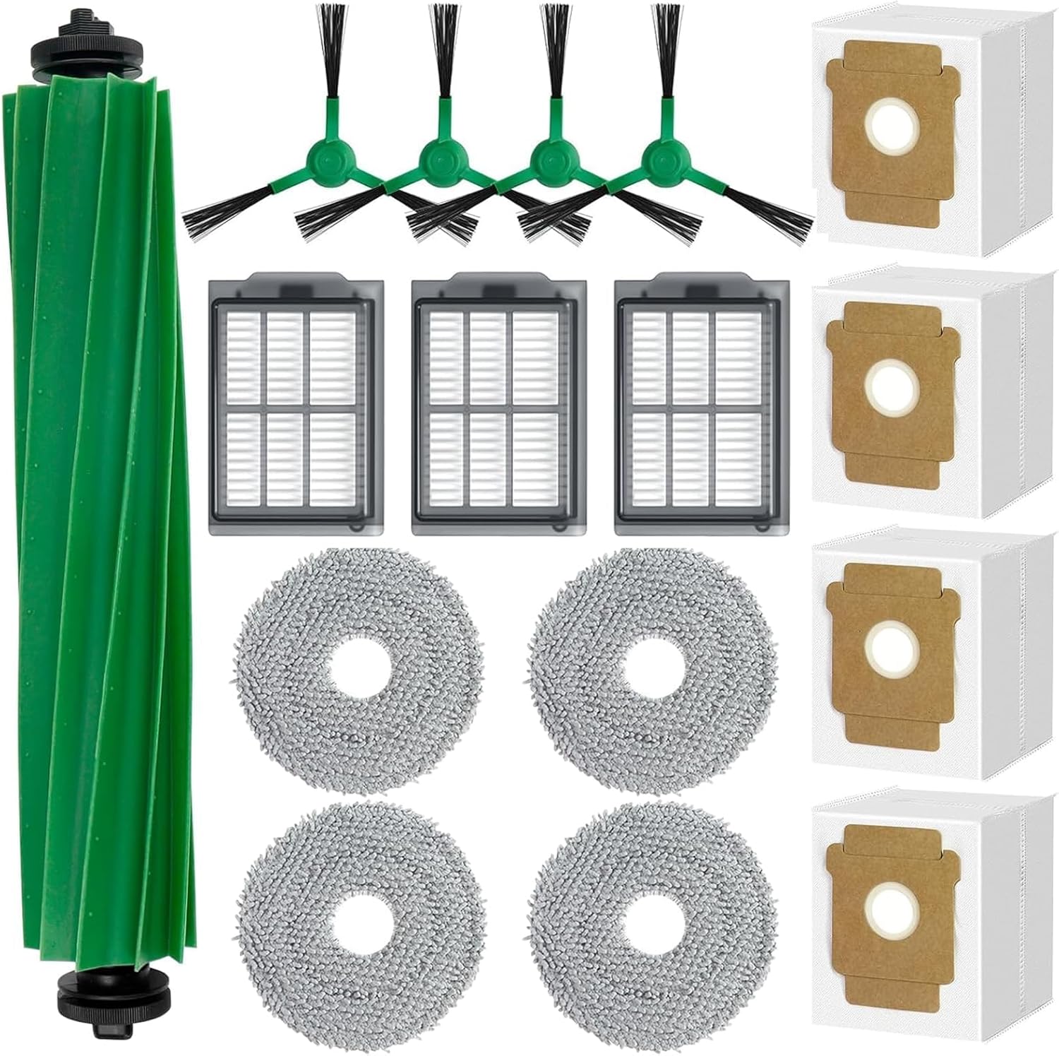 Kit De 16 Pièces De Rechange Pour Aspirateur Combiné Irobot Roomba Plus 405/505/500/400/506/507, Accessoires : 1 Brosse Principale, 3 Filtres Hepa, 4 Brosses Latérales, 4 Sacs À Poussière, 4 Chiffons