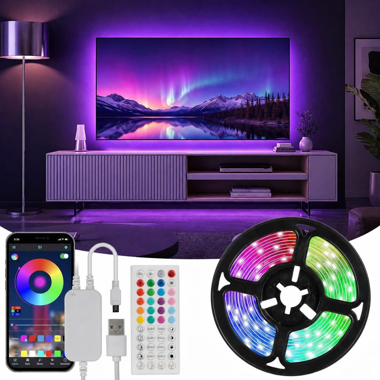 Bande Led Tv, Éclairage Led Pour Téléviseurs De 40 À 65 Pouces, 5050 Rgb Usb Avec Télécommande, Diy, Contrôle Par Rythme Musical