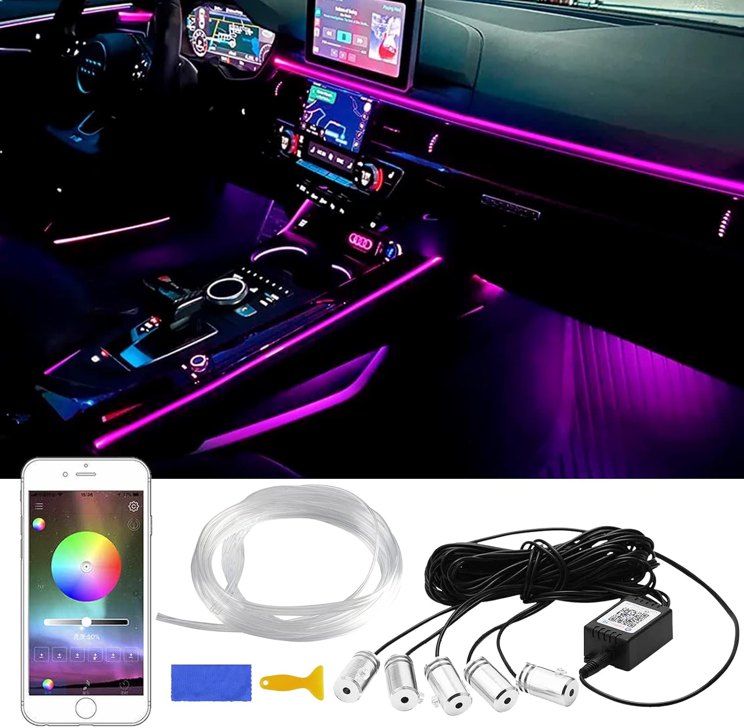 Éclairage D'Ambiance Rgb Pour Voitures, Lumière Décorative Contrôlée Par Application, Installation Facile, Tuyau À Fibre Optique Flexible (6 Mètres), Éclairage D'Ambiance Led Néon Pour L'Intérieur Du