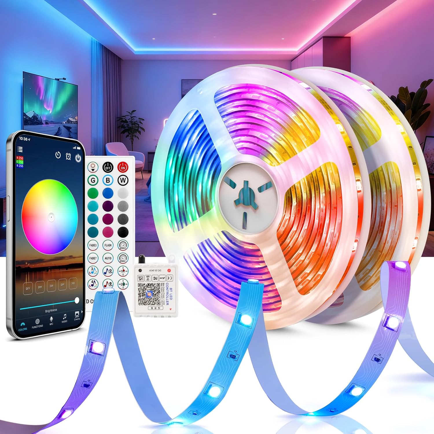Ruban Led Rgb De 30 M 24 V, Bande Led Pour Chambre Avec Télécommande Et Application Bluetooth, Bande Led De Jeu, Bande Led D'Intérieur À Utiliser Au Plafond, Sur Les Murs Et Au Lit, Bande Led, Lumière