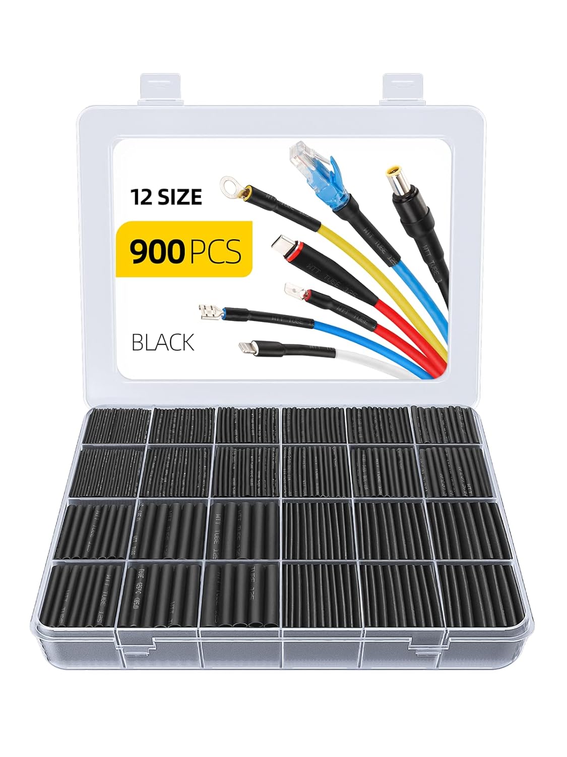 Ensemble De 900 Tubes Thermorétractables, Étanche Ip56, Matériau Eva, Longueur Totale De 40,5 M, 12 Tailles, Rapport De Rétrécissement 2:1, Idéal Pour L'Isolation Électrique Et Les Connexions De Câble