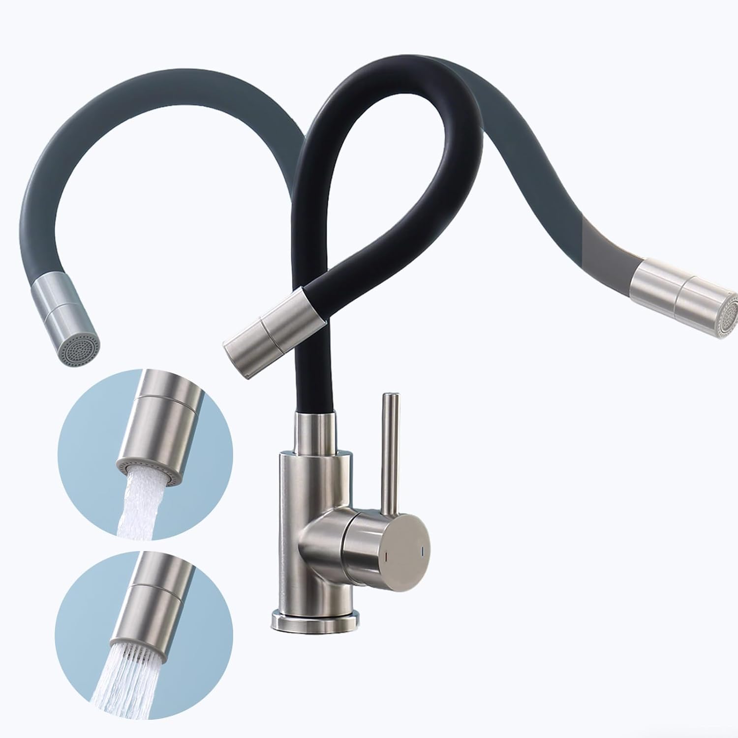 Robinet De Cuisine Flexible, Robinet D'Évier Avec 2 Jets, Robinet D'Évier Pivotant À 360°, Mitigeur De Cuisine Noir, Acier Inoxydable À Économie D'Eau