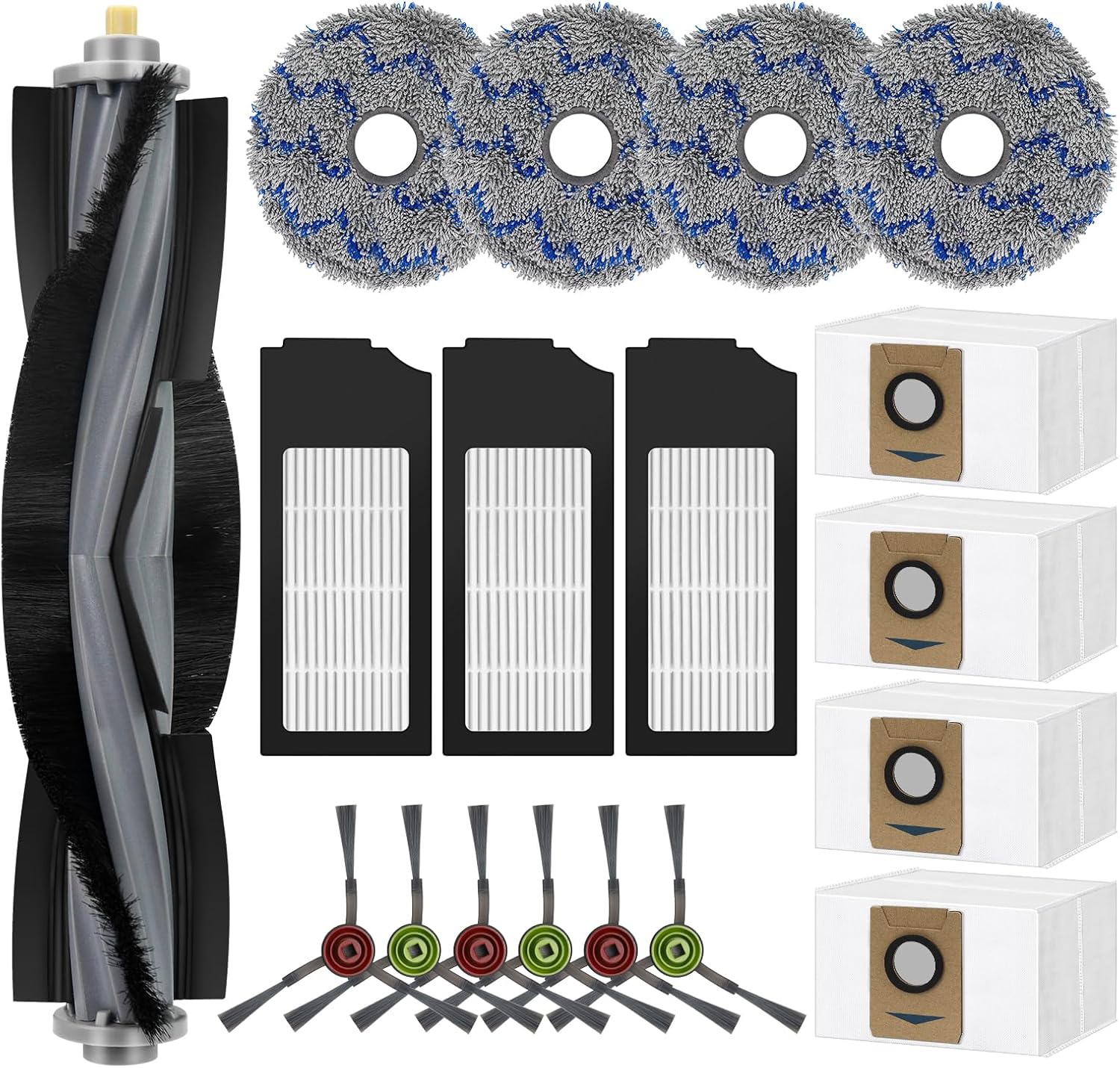 Kit De 18 Pièces De Rechange Pour Aspirateurs Robots Ecovacs Deebot X1 Omni/x1 Et Omni/x1turbo : 1 Brosse Principale, 6 Brosses Latérales, 3 Filtres Hepa, 4 Lingettes De Nettoyage, 4 Sacs À Poussière