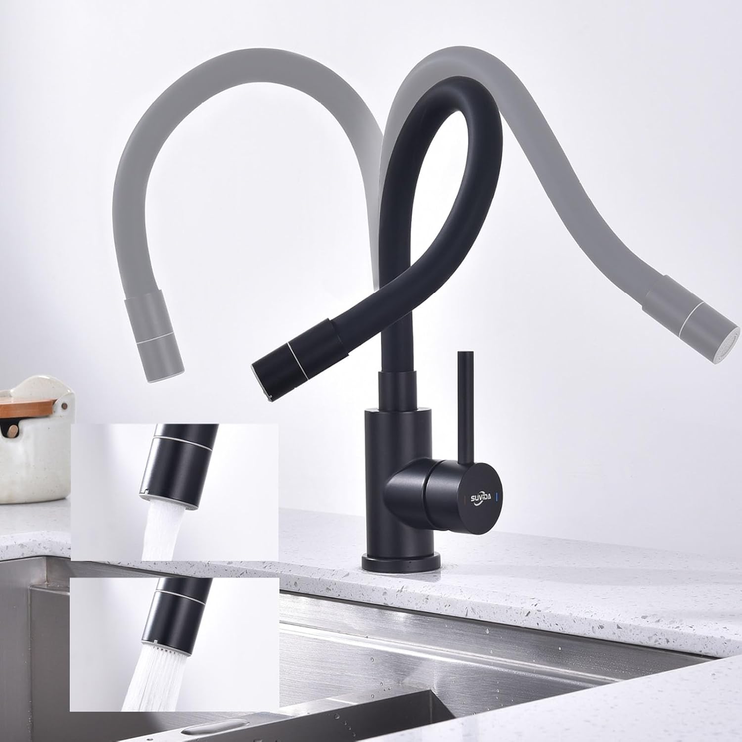 Robinet De Cuisine Noir Flexible, Robinet D'Évier Avec 2 Jets, Bec Pivotant À 360°, Mitigeur Monocommande En Acier Inoxydable, Robinet De Cuisine Haute Pression