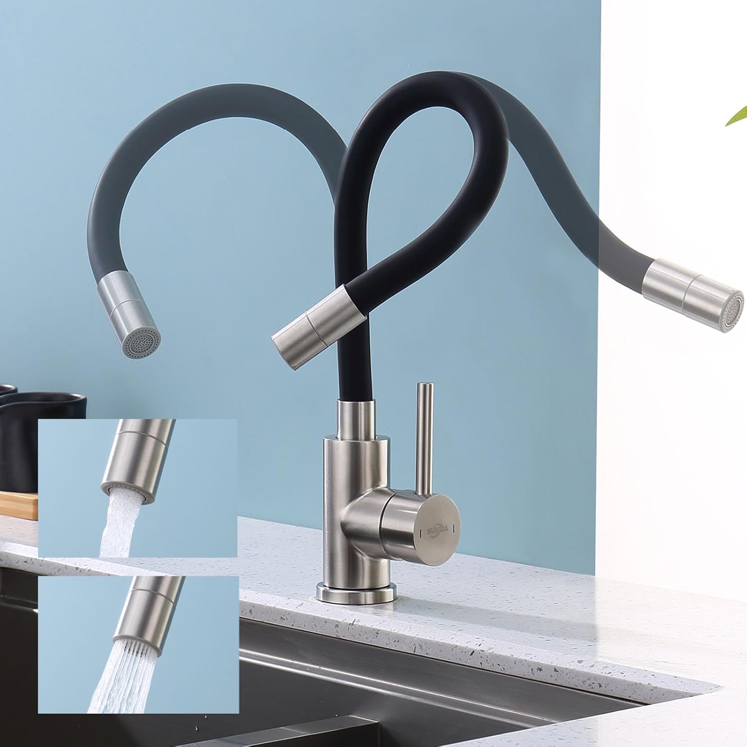 Robinet De Cuisine Noir Et Flexible, Robinet D'Évier Avec 2 Jets, Mitigeur Pivotant À 360°, Robinet Haute Pression, Acier Inoxydable, Économie D'Eau