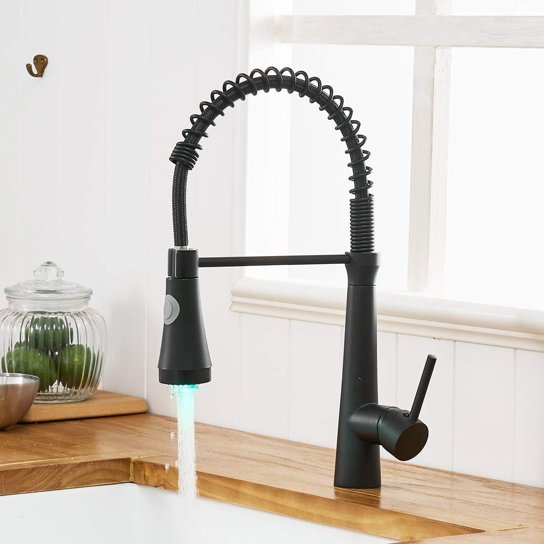 Robinet De Cuisine Led Avec Ressort Spiralé, Raccord D'Évier Pivotant À 360°, Robinet Et Douchette Extractible – Haute Pression, Noir