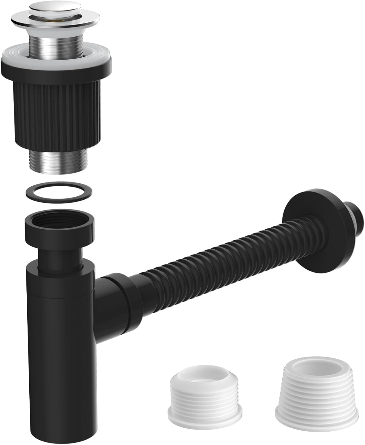 Siphon Design Avec Vanne Pop-up : Avec Couvercle Chromé, Tuyau En Acier Inoxydable Réglable En Hauteur (304) Et Tuyau Flexible Pour Lavabo Avec Trop-plein – Connexion Universelle G1 1/4" – Noir