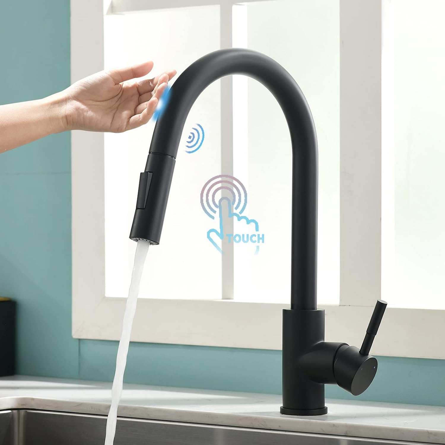 Robinet De Cuisine Tactile Avec Capteur Noir, Mitigeur De Cuisine Avec Douchette Extractible, Pivotant À 360°, Mitigeur Monocommande Pour Éviers De Cuisine
