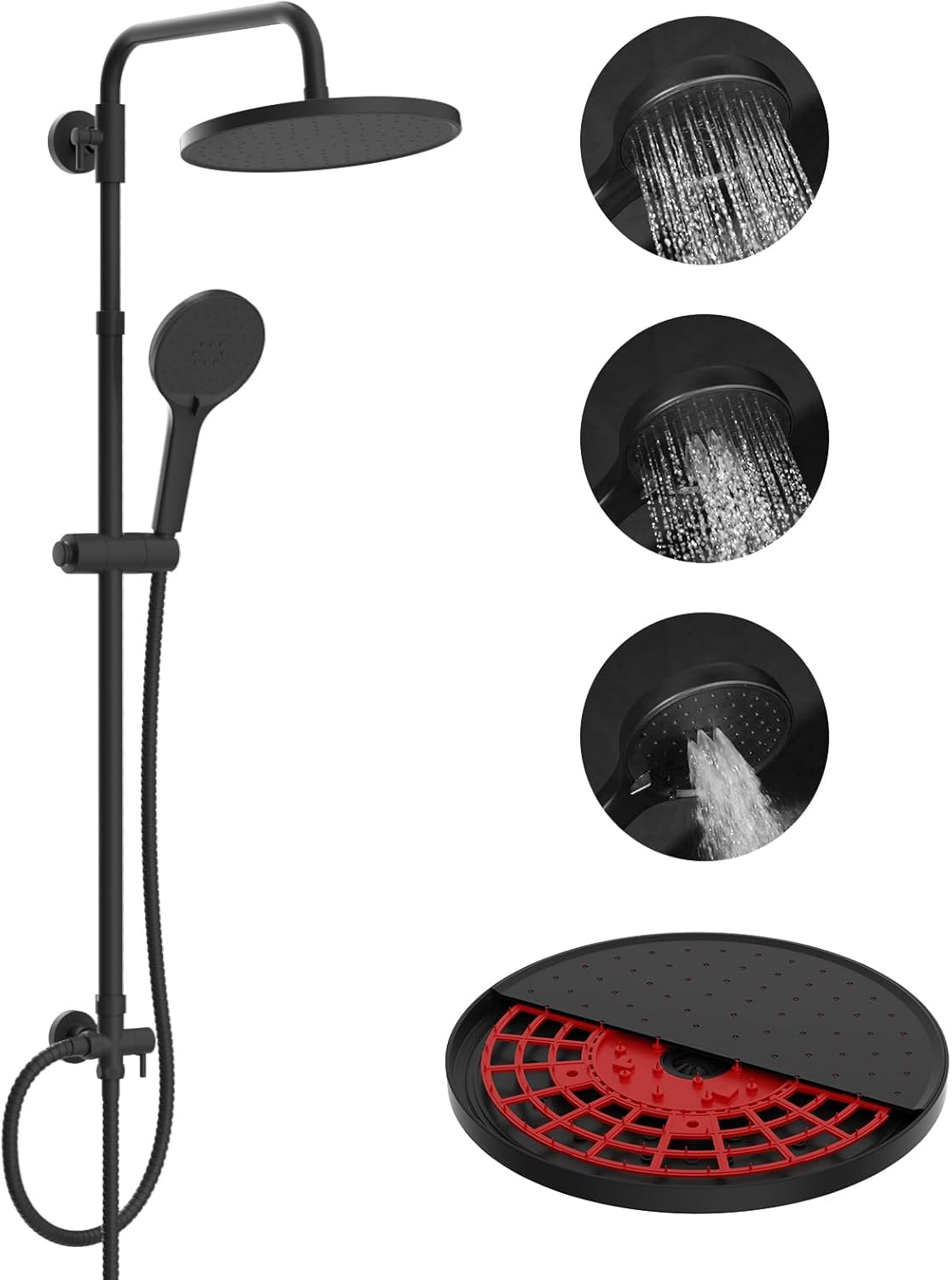 Robinet De Douche Autonettoyant, Système De Douche En Acier Inoxydable Rond Avec Tuyau, Pommeau De Douche Et Douchette En Abs, Noir