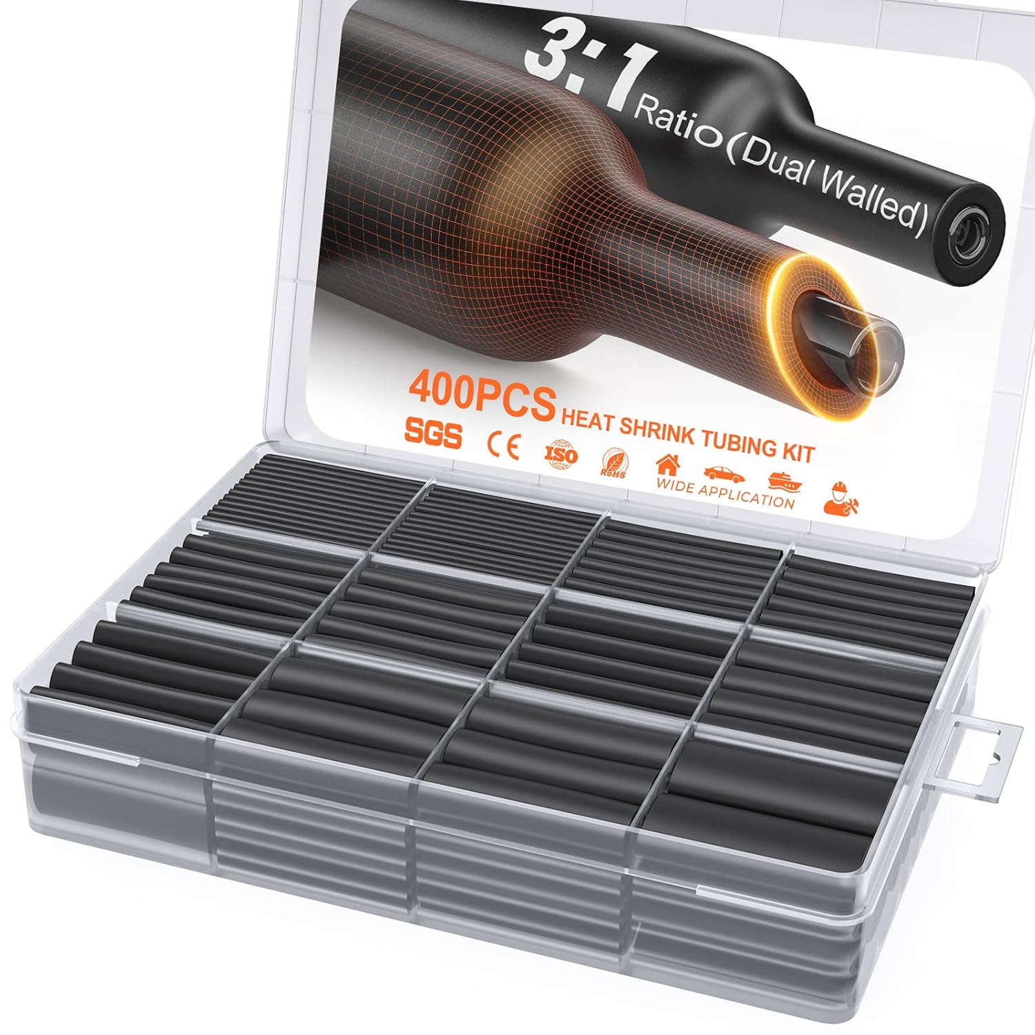 Ensemble De 400 Tubes Thermorétractables Noirs, Étanches – Tubes Thermorétractables À Double Paroi 3:1 – Avec Revêtement Adhésif.