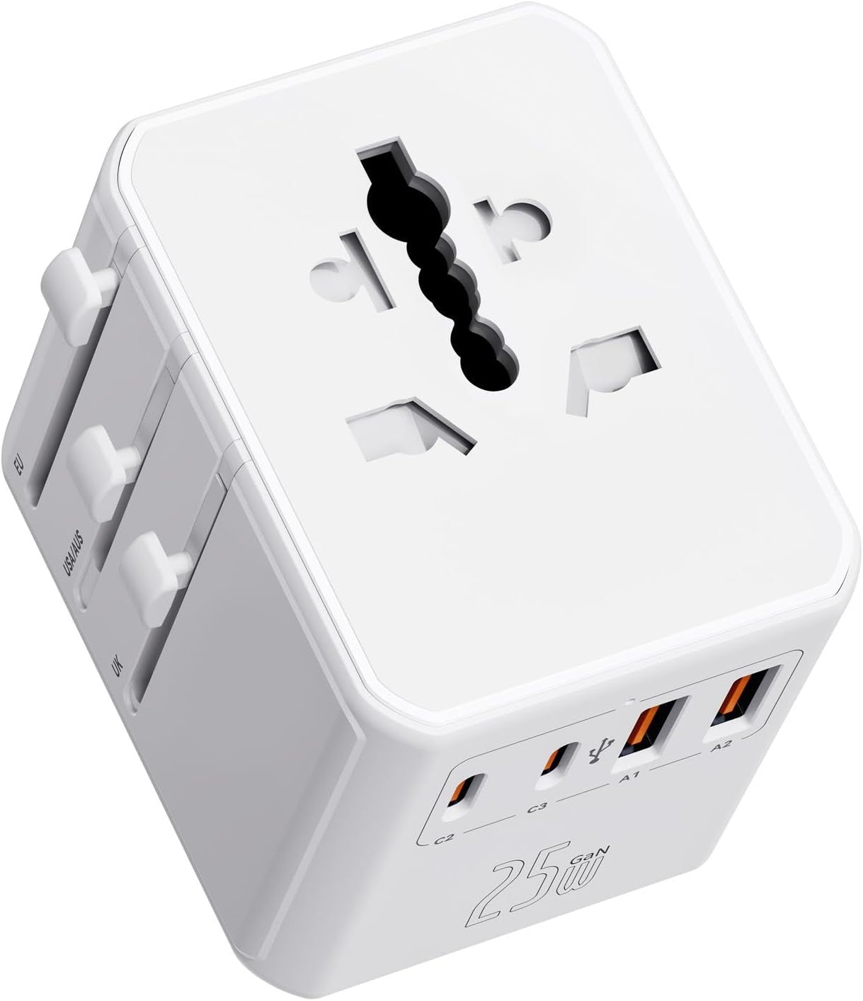 Adaptateur De Voyage Universel Avec 2 Ports Usb-c Et 2 Ports Usb-a, Fonction De Charge Rapide Pd De 25 W, Compact Et Léger Pour Les Voyages D'Affaires Et De Loisirs, Noir