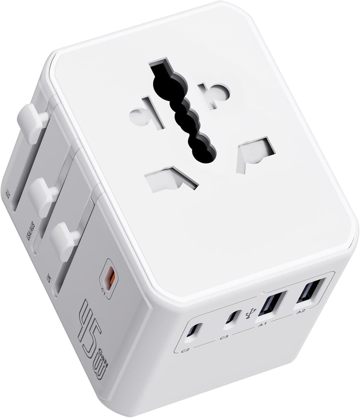 Adaptateur De Voyage Universel Avec 3 Ports Usb-c Et 2 Ports Usb-a, Fonction De Charge Rapide Pd De 45 W, Compact Et Léger Pour Les Voyages D'Affaires Et De Loisirs, Blanc