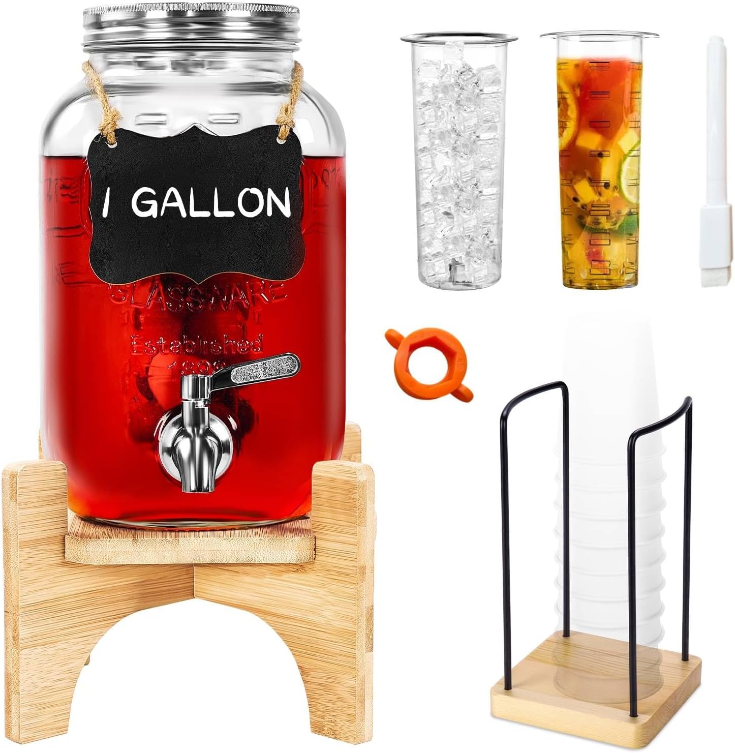 Distributeur De Boissons En Verre Avec Support, Distributeur De Boissons Festives De 3,8 Litres Avec Porte-gobelets, Incluant Un Insert À Glaçons Et À Fruits, Robinet En Acier Inoxydable 18/8