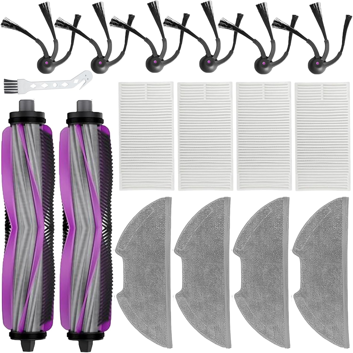 Kit De 17 Pièces De Rechange Pour L'Aspirateur Robot Eureka E20 Evo Plus : 2 Brosses Principales, 4 Lingettes De Lavage, 4 Filtres Hepa, 6 Brosses Latérales, 1 Brosse De Nettoyage