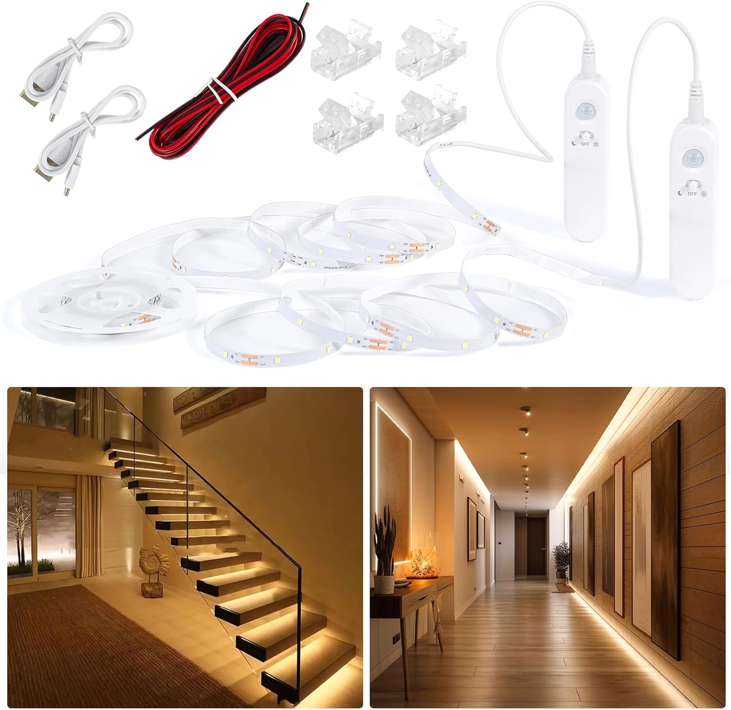 Lampe À Bande Led Avec Capteur De Mouvement Et De Lumière, Batterie, Dimmable, Pour Escaliers Et Cuisine, 5 M, Blanc Chaud (2700 K)