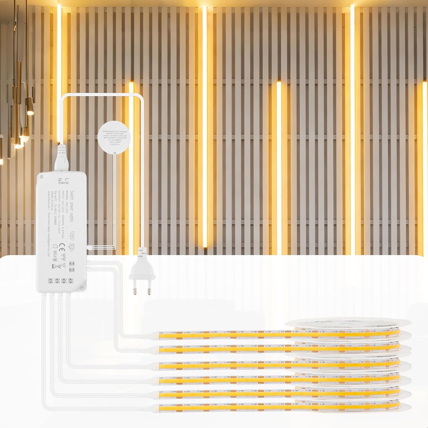 X 2 M Bande Led Cob Dimmable Par Contrôle Tactile, Pour L'Éclairage De Panneaux Acoustiques, Vitrines, Armoires, Cuisines, Caves À Vin, Stands De Vente Et Étagères, 3000 K