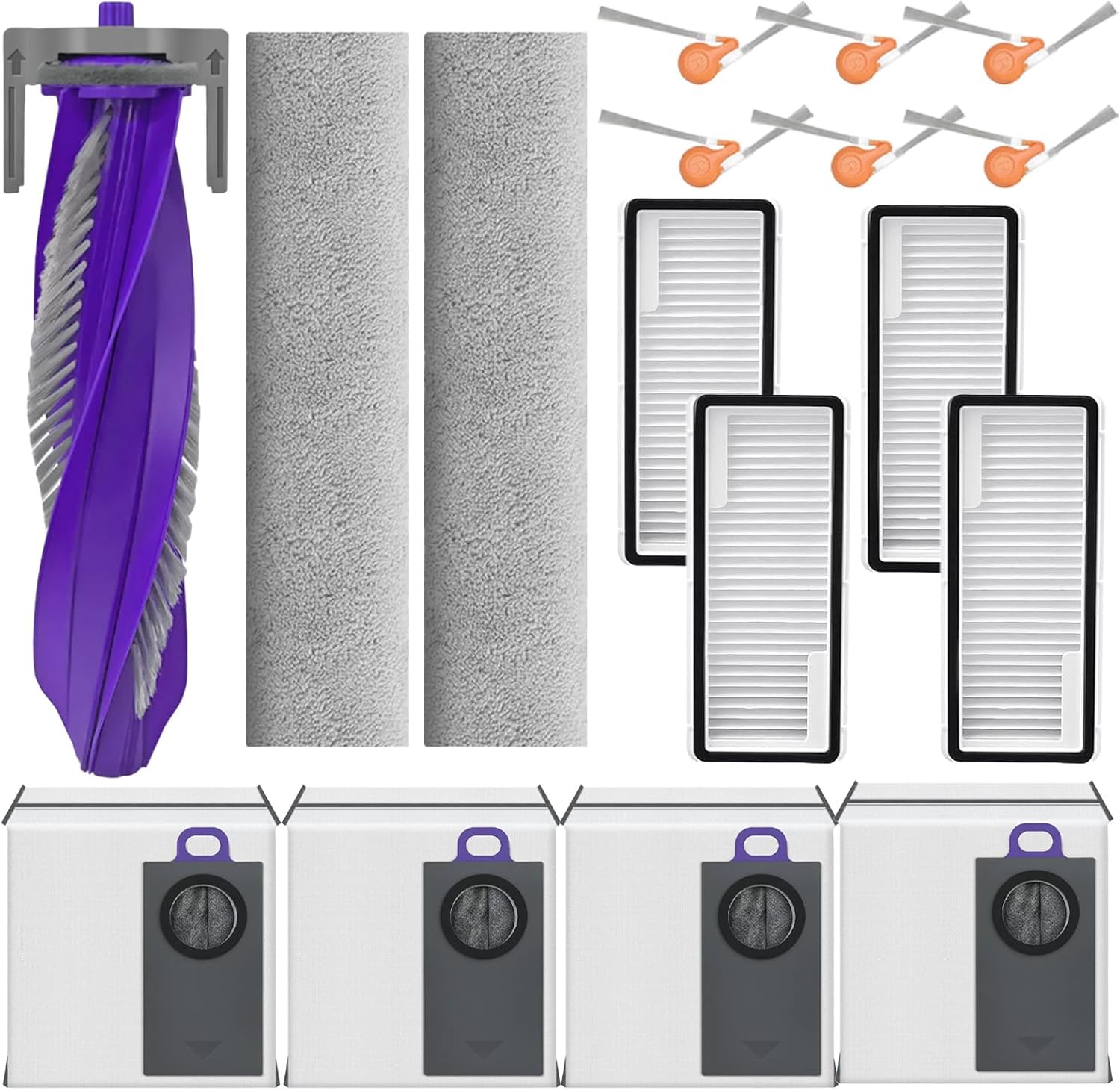 Ensemble D'Accessoires Pour L'Aspirateur Robot Narwal Flow 2, Comprenant 1 Brosse Rotative, 6 Brosses Latérales, 4 Filtres, 2 Rouleaux De Lavage Et 4 Sacs À Poussière.