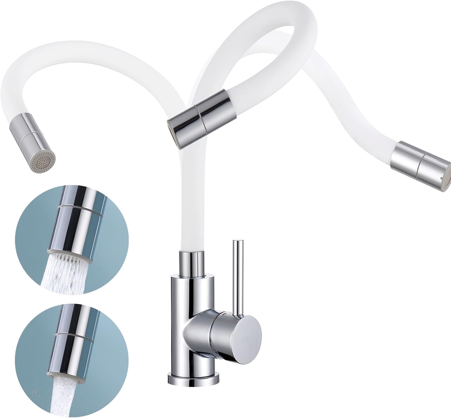 Robinet De Cuisine/salle De Bain Flexible Et Résistant À La Haute Pression, Avec Deux Jets, En Acier Inoxydable Blanc, Pivotant À 360°, Mitigeur De Cuisine Avec Aérateur Économe En Eau.
