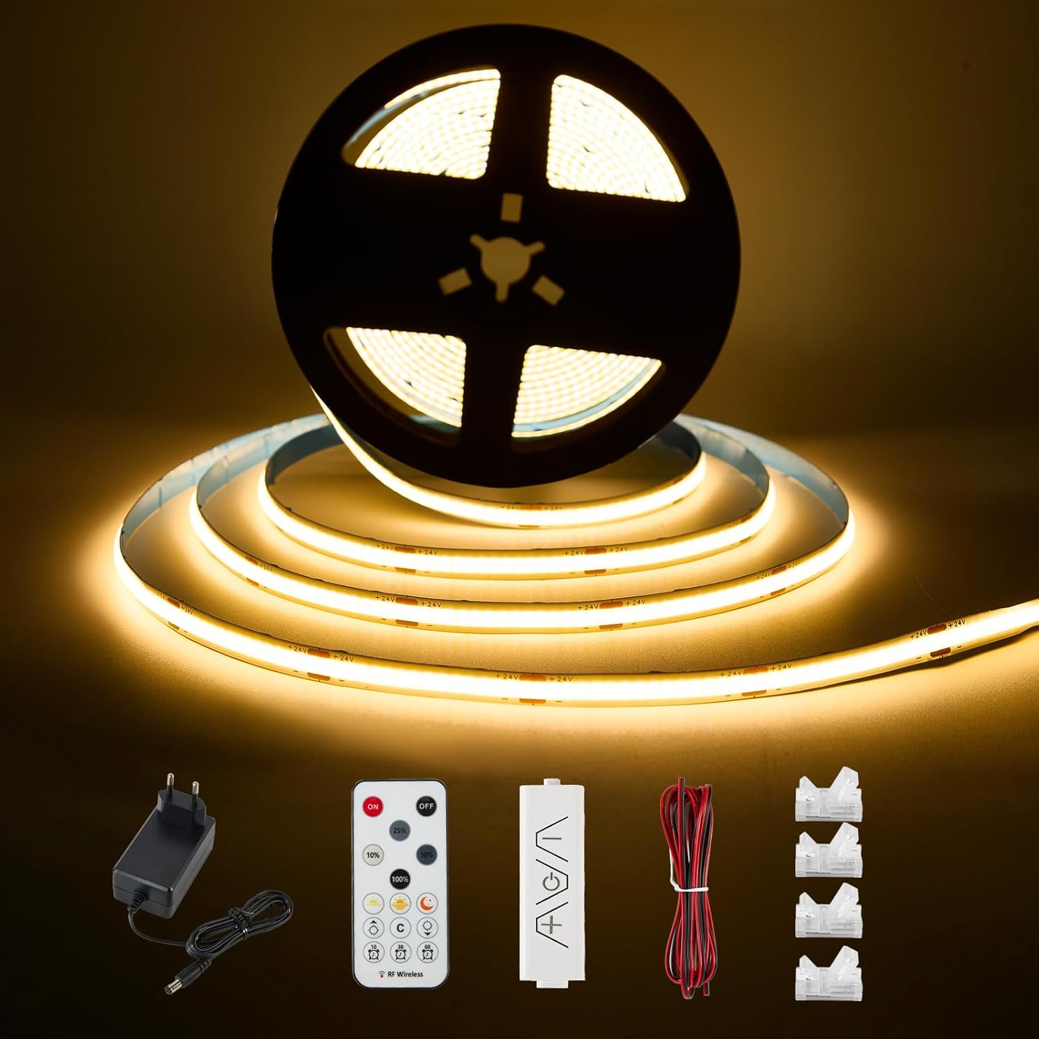 Ensemble De Bandes Led Cob De 1 M, Lumière Blanche Chaude – Éclairage Sous Meuble Avec Télécommande Sans Fil Pour Vitrines, Cuisines, Bureaux, Étagères Et Armoires – Alimentation 24 V Incluse – 2700 K