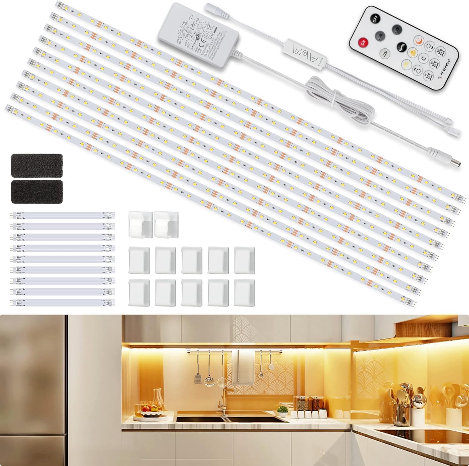 Bande Lumineuse Led De M De Long, Blanc Chaud, 12 V, Incluant Télécommande Et Prise, Éclairage Sous Meuble Dimmable Pour Meubles, Escaliers, Armoires, Cuisine Et Étagères, 300 Leds, 2700 K