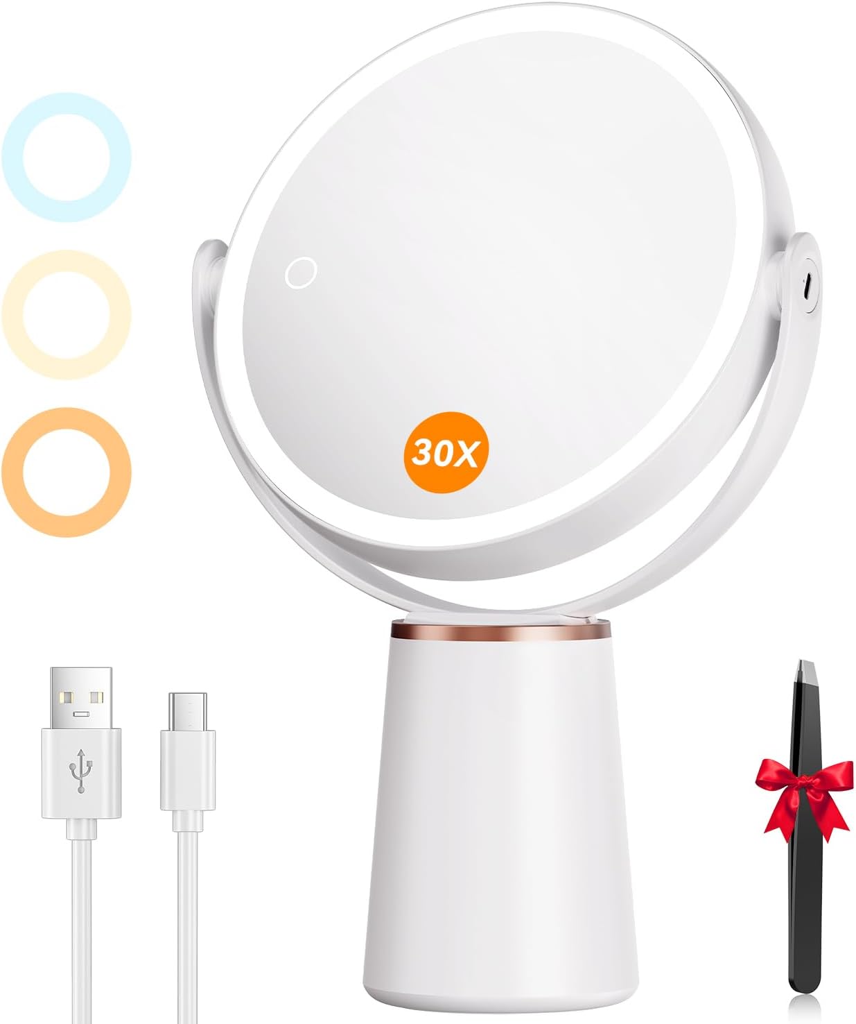 Miroir De Maquillage Éclairé Double Face (30x/1x), Batterie Rechargeable (2000 Mah), Sur Pied, Avec 3 Couleurs De Lumière, 64 Leds Et Rotation À 360° Pour Le Maquillage Et Les Soins Du Visage.