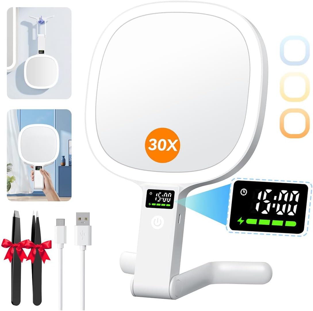 Miroir De Maquillage Double Face (1x/30x), Affichage Led Et Deux Commandes, Batterie De 2500 Mah, 3 Couleurs D'Éclairage, Miroir Led Avec Pince À Épiler Pour Les Voyages/bureau/chambre À Coucher