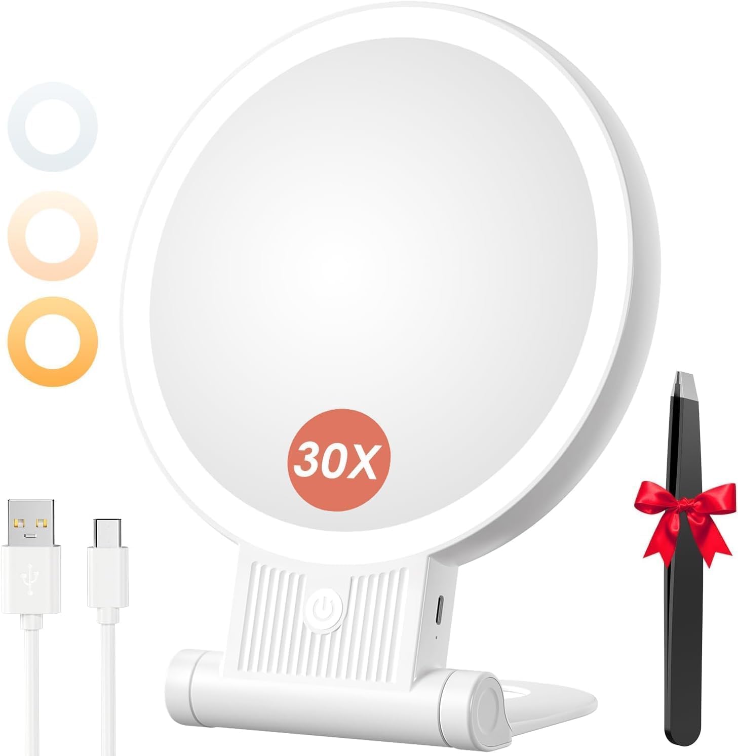 Miroir De Maquillage Éclairé Double Face (1x/30x), Miroir Cosmétique Avec 3 Couleurs De Lumière, Luminosité Réglable, Batterie De 2000 Mah, Support Rotatif À 360°, Montage Mural/portable/pliable