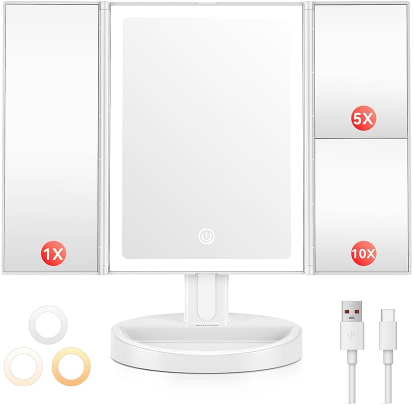 Miroir Cosmétique Éclairé Avec 68 Led, Grossissement 10x/5x/1x, Miroir Cosmétique Rechargeable Par Usb (2000 Mah), Miroir Pliable Triple Avec Éclairage, Écran Tactile, Rotation À 180°, Blanc